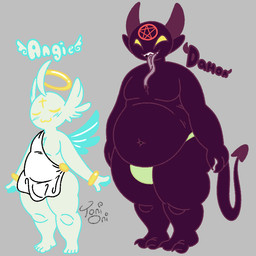 2_toes 3_fingers 4_fingers 4_toes barefoot belly blush blush_lines bracelet cat_smile clothing duo eyes_closed feet fingers forked_tongue grey_background halo head_wings horn jewelry long_tongue male nails navel occult_symbol open_mouth overweight overweight_male pecs pentagram purple_body sharp_teeth simple_background size_difference symbol tail teeth text thick_thighs toes toga tongue tongue_out underwear unusual_wing_placement white_body wings yellow_eyes toni_oni angie_(toni_oni) damon_(toni_oni) angel demon humanoid 1:1 signature