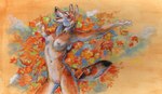 5_fingers anthro autumn autumn_leaves breasts ears_up eyes_closed female fingers genitals leaf navel nipples nude nude_anthro nude_female open_mouth pink_nipples pussy sharp_teeth solo standing teeth tongue heather_bruton canid canine canis coyote mammal