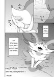 2021 anthro big_ears blush bodily_fluids braixen breath canid canine comic crouching cute_fangs english_text eyes_closed fangs female fox fur generation_6_pokemon grass happy hi_res lake laying_on_grass long_ears lying_on_ground mammal monochrome ne_i_ro nintendo on_ground open_mouth open_smile outside paws plant pokemon pokemon_(species) relaxing relieved sitting smile smiling_at_viewer solo sound_effects story sweat sweatdrop teeth text text_box thirsty tired wet wet_body wet_fur