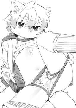 anthro bangs blush blush_lines bulge clothed clothing hair hair_between_eyes kemono male solo underwear undressing young young_anthro young_male eisuke_art canid canine mammal hi_res line_art
