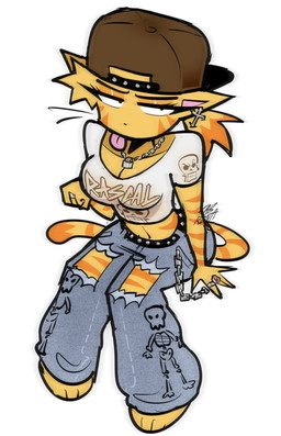 alternative_fashion anthro backwards_baseball_cap backwards_hat barefoot baseball_cap belt bottomwear breasts chain chain_accessory chain_collar cleavage clothed clothing collar crop_top cross denim denim_bottomwear denim_clothing ear_piercing ear_ring feet female fur hair hat headgear headwear jeans jewelry markings midriff narrowed_eyes navel necklace orange_body orange_fur pants piercing ponytail punk ring ring_piercing shirt simple_background solo striped_arms striped_body striped_legs striped_markings striped_tail stripes tail tail_markings text text_on_clothing text_on_shirt text_on_topwear tomboy tongue tongue_out topwear torn_bottomwear torn_clothing torn_jeans torn_pants whiskers white_background louisvteddie domestic_cat felid feline felis mammal english_text hi_res