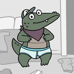 anthro baseball_cap bed blue_briefs blue_clothing blue_underwear bottomwear briefs clothing furniture green_body green_scales hat headgear headwear inside kerchief male pants pillow scales smile solo teeth_showing underwear y-fronts nishi_oxnard later_alligator pat_(later_alligator) alligator alligatorid crocodilian reptile scalie 1:1