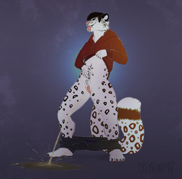 andromorph anthro anus big_clitoris blue_background bodily_fluids bottomwear bottomwear_down clitoris clitoris_piercing clothed clothing clothing_lift facial_piercing female forked_tongue fur genital_fluids genital_piercing genitals grey_body grey_fur hoodie hoodie_lift intersex looking_at_viewer markings nose_piercing nose_ring oral pants pants_down partially_clothed peeing peeing_on_ground piercing presenting presenting_anus pubes ring_piercing simple_background solo spots spotted_body spotted_fur standing tongue tongue_piercing topwear urine urine_on_ground urine_stream vulva cremekuma jaydin_eversnow felid mammal pantherine snow_leopard absurd_res hi_res
