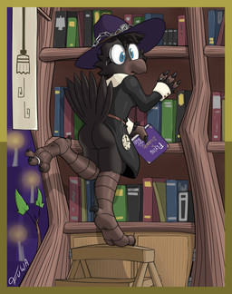 anthro balancing beak belt black_body black_feathers blue_eyes bookshelf butt candle chain claws clock cross-eyed digit_ring eyewear feathers feet female furniture glasses jewelry leaf library magic_user pocketwatch ring sign solo stool surprised talons toe_ring toes twig watch witch_costume mr_fuwa avian bird corvid corvus_(genus) crow oscine passerine absurd_res hi_res