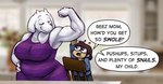 age_difference anthro big_breasts bottomwear breasts brown_hair clothed clothing dialogue eyes_closed female flexing hair larger_female mature_female older_female pants shirt size_difference smaller_human text topwear white_body dragon-chan undertale undertale_(series) frisk_(undertale) toriel boss_monster_(undertale) human mammal