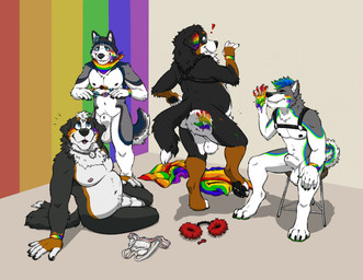 animal_genitalia anthro balls black_body black_fur blue_body blue_eyes blue_fur blue_hair bodypaint brown_body brown_fur chair clothing cuff_(restraint) detailed_background exclamation_point eyes_closed flower flower_crown footprint fully_sheathed fur furniture fuzzy_handcuffs genitals green_body green_fur green_hair grey_body grey_fur group hair hand_print handcuffs harness harness_only jewelry jockstrap lgbt_pride male male_anthro metal_cuffs multicolored_clothing muscular muscular_anthro muscular_male necklace necklace_only nipples nude nude_anthro nude_male overweight overweight_anthro overweight_male pawprint penis penis_tip pink_penis plant pride_colors rainbow_clothing restraints sheath simple_background sitting smile standing tail teeth underwear white_body white_fur labradorszn conradhusky lucas_(lucasreturns) bernese_mountain_dog canid canine canis domestic_dog husky mammal molosser mountain_dog nordic_sled_dog spitz swiss_mountain_dog wolf 2024 hi_res