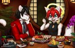 anthro asian beverage black_hair blush breasts clothed clothing duo east_asian_architecture eating excited female food fur hair halo happy male male/female necktie open_mouth red_hair sushi tail tea white_body white_fur dragonfu kira_sher canid canine canis felid feline fox hybrid mammal pantherine wolf 14:9 2023