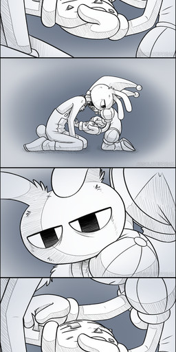 anthro blank_stare clothed clothing dialogue duo female glass male nervous open_mouth resting_head resting_on_another sad sitting text upset absolutedream glitch_productions the_amazing_digital_circus jax_(tadc) pomni_(tadc) human lagomorph leporid mammal rabbit absurd_res comic english_text hi_res long_image tall_image