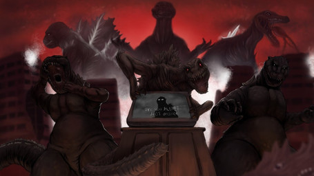 ambiguous_gender analog_horror animated_corpse back_plates body_horror building building_destruction city city_destruction claws destruction electronics feral glowing glowing_eyes gore group guts horn horror_(theme) looking_at_viewer male mutation open_mouth organs piercing_eyes scales sharp_teeth size_difference teeth television text video_at_source counldntthinkof1 godzilla_(series) the_man_in_the_suit_(series) the_suitmation_trials_(series) toho anguirus godzilla animate_inanimate ankylosaurian ankylosaurid ankylosaurus dinosaur ghost human kaiju living_clothing mammal marine monster mosasaur mosasaurus ornithischian prehistoric_species reptile scalie spirit thyreophoran undead zombie 16:9 english_text widescreen