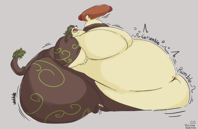 belly big_belly blobby brown_body brown_fur digestion_noises dreadlocks eating female food fur hot_dog hungry immobile morbidly_obese obese open_mouth overweight rumbling_stomach sitting solo volume_(artist) norn_(creatures) hi_res