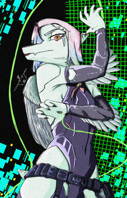 5_fingers amber_eyes anthro arm_warmers armwear belt blue_hair bob_cut bone_frill breasts claws clothing cosplay crossover_cosplay cybernetics elbow_feathers eyelashes feathered_wings feathers female finger_claws fingers frill_(anatomy) grey_body grey_scales hair leotard looking_at_viewer machine medium_hair multicolored_hair pink_hair pose scales short_tail side_boob snout solo tail teal_hair text wings vvurm_drama cavemanon_studios cyberpunk_edgerunners goodbye_volcano_high ko_op_(game_developer) snoot_game fang_(gvh) lucy_(cyberpunk_edgerunners) prehistoric_species pterosaur reptile scalie 2026 artist_name crossover digital_drawing_(artwork) digital_media_(artwork) hi_res watermark
