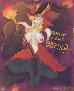anthro areola beard big_breasts big_butt bodily_fluids breasts butt candle clothing facial_hair feet_together_knees_apart female female_anthro fire fur genital_fluids genitals hat headgear headwear looking_at_viewer lying lying_on_ground magic_user multicolored_body nipples on_back on_ground orange_areola orange_eyes orange_nipples orange_vulva raised_arm red_body red_fur rubbing_against rubbing_vulva smile smiling_at_viewer smirk smirking_at_viewer solo speech_bubble spread_legs spreading stick summoning_circle thick_thighs vaginal_fluids vulva white_body white_fur witch witch_hat yellow_body yellow_fur shieshuqqq nintendo pokemon pokemon_legends_z-a canid canine fox generation_9_pokemon mammal mega_delphox mega_evolution pokemon_(species) hi_res