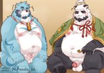 anthro balls beard belly big_belly black_body black_fur blue_body blue_fur blush duo erection facial_hair fur genitals kemono male male/male mature_male moobs navel nipples overweight overweight_male penis sitting small_penis white_body white_fur 96panda bonasiah full_attack sophring_jie bear giant_panda mammal 2024 hi_res