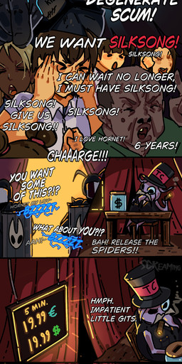 2_horns 9_panel_comic armor biped black_body black_eyes black_text blue_text bodily_fluids breasts butt censored_dildo censored_sex_toy cigarette cigarette_in_mouth clothed clothing curtains dialogue dildo exclamation_point eyes_closed eyewear facial_hair female fingers gesture glasses greeting group guard hair hand_gesture hat headgear headwear holding_melee_weapon holding_object holding_weapon horn male melee_weapon motion_lines mustache nude object_in_mouth open_mouth outside pointing purple_text question_mark sex_toy sign sitting smoking sound_effects suit sweat sweatdrop syringe talking_to_another talking_to_self teeth text through_wall tongue top_hat weapon genvoke hollow_knight:_silksong hollow_knight_(franchise) team_cherry hornet_(hollow_knight) arachnid arthropod human mammal spider 2025 absurd_res artist_name censored comic english_text hi_res long_image tall_image