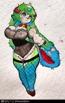 anthro big_breasts blush breasts clothed clothed_anthro clothed_female clothing female fluffy fluffy_ears fluffy_tail freckles fur green_body green_fur green_hair hair horizontal_pupils horn pupils solo tail teal_body teal_eyes teal_fur teal_hair teal_skin thick_thighs white_body white_skin sheebibites sheebi bovid caprine lagomorph leporid mammal rabbit sheep hi_res traditional_media_(artwork)