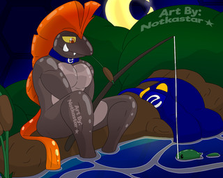 anthro clothing collar fangs fishing fishing_rod happy lure male moon nude overalls pecs plant relaxed_expression relaxing smile solo teeth tree tusks conditional_dnp notkastar e621 nintendo splatoon amphibian aquatic fish frog salmonid_(splatoon) 5:4
