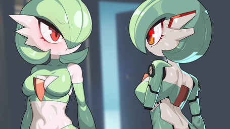 black_body breasts cleavage_cutout clothed clothing cutout duo eyebrow_through_hair eyebrows female green_body green_hair hair hair_over_eye iris machine medium_breasts midriff multicolored_body navel not_furry one_eye_obstructed pupils red_body red_eyes side_view translucent translucent_hair white_body white_breasts drunk_oak nintendo pokemon gardevoir generation_3_pokemon humanoid pokemon_(species) robot 16:9 2022 hi_res widescreen