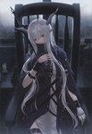 belt breasts candle chair female furniture grey_hair hair horn humanoid_pointy_ears long_hair looking_at_viewer not_furry pointy_ears rain_on_window raining scarf solo staff xi-u arknights hypergryph studio_montagne shining_(arknights) horned_humanoid humanoid 2020 hi_res