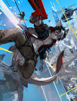 aircraft anthro assault_rifle black_clothing black_hair black_jacket black_topwear bottomwear brown_bottomwear brown_clothing brown_pants bullet city city_background cityscape claws clothed clothed_anthro clothing detailed_background duo fully_clothed fully_clothed_anthro grey_body gun hair handgun helicopter holding_gun holding_handgun holding_object holding_pistol holding_ranged_weapon holding_weapon jacket male male_anthro mouth_closed multicolored_body pants pistol ranged_weapon red_body red_eyes rifle shirtless shirtless_anthro shirtless_male sky solo_focus tail text toe_claws topwear vehicle weapon white_body white_clothing white_jacket white_topwear ellydasta aquatic fish shark 2025 absurd_res artist_name digital_media_(artwork) digital_painting_(artwork) hi_res painting_(artwork)