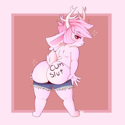 anthro antlers bent_over big_butt body_writing bottomwear butt clothed clothing femboy fur hair horn hotpants long_ears looking_at_viewer looking_back male mostly_nude partially_clothed piercing pink_body pink_fur pink_hair presenting presenting_hindquarters pulling_pants_down red_eyes shorts shortstack simple_background solo writing_on_butt noisy_(artist) fzst jackalope lagomorph mammal 1:1 hi_res