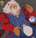 anthro body_hair bulge chest_hair clothing emoji male mane solo text underwear unzipped unzipped_pants zipper joelbearb illumination_entertainment sing_(movie) clay_calloway_(sing) felid lion mammal pantherine absurd_res english_text hi_res