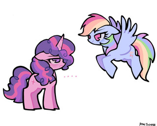 annoyed curly_hair duo female feral flying hair horn simple_background smug_face wings petaltwinkle friendship_is_magic hasbro my_little_pony mythology rainbow_dash_(mlp) twilight_sparkle_(mlp) equid equine mammal mythological_creature mythological_equine pegasus unicorn hi_res