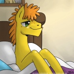 1:1 bed digital_media_(artwork) earth_pony equid equine feral freckles friendship_is_magic fur furniture hair hasbro horse john_joseco male mammal mr._cake_(mlp) my_little_pony orange_hair pony shaded simple_background smile solo tired yellow_body yellow_fur