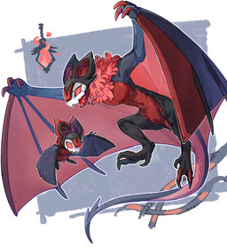 alternate_color alternate_species ambiguous_gender duo empty_eyes feral fire flying fur lamp lantern larger_ambiguous neck_tuft open_mouth red_body red_eyes red_fur size_difference smaller_ambiguous tail tongue tuft wings aaasakawa hollow_knight_(franchise) nintendo pokemon team_cherry grimm_(hollow_knight) grimmchild_(hollow_knight) generation_2_pokemon generation_6_pokemon noibat noivern pokemon_(species) 2026 crossover hi_res
