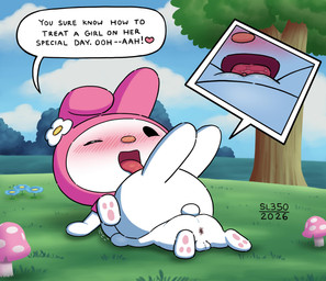 anthro anus balls blush butt cunnilingus duo featureless_feet feet female flower genitals licking male nude open_mouth oral outside plant sex smile speech_bubble spread_legs spreading tail text tongue tongue_out vaginal vulva young young_female young_male sl350 onegai_my_melody sanrio my_melody rhythm_(sanrio) lagomorph leporid mammal rabbit 2026 english_text hi_res brother_(lore) brother_and_sister_(lore) incest_(lore) sibling_(lore) sister_(lore)