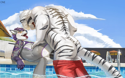 5_fingers anal anal_penetration black_penis butt clothing cloud ear_piercing eyebrow_piercing facial_piercing fingers fur genitals male male/male mostly_nude penetration penile penile_penetration penis penis_in_ass piercing pool sex sky swimming_pool swimming_trunks swimwear tail onensfw damien_woof vali_lucifer felid feline mammal hi_res