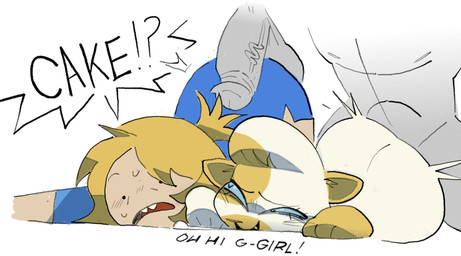 anthro biped blonde_hair clothed clothing dialogue erection exclamation_point female fur genitals glans group hair heart_eyes heart_symbol humanoid_genitalia humanoid_penis male male/female multicolored_body multicolored_fur penis question_mark smile teeth text tongue white_body white_fur yellow_body yellow_fur real_saming adventure_time cartoon_network cake_the_cat fionna_the_human domestic_cat felid feline felis human mammal hi_res