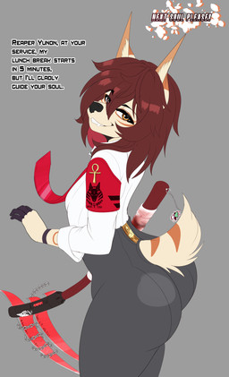 anthro armband big_butt butt clothed clothing femboy fully_clothed hair heterochromia looking_at_viewer male melee_weapon necktie office_clothing orange_eyes polearm rear_view scythe short_hair solo tail weapon sly_shadex yunon_brauer anubian_jackal canid canine canis jackal mammal absurd_res hi_res