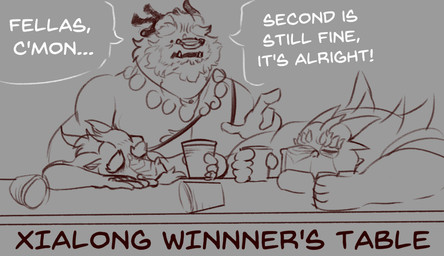anthro beard eastern_clothing eyes_closed facial_hair group male muscular muscular_arms pecs sideburns slumped speech_bubble text trio daxhush anothereidos_of_dragon_vein_r european_mythology mythology arin_(daxhush) chiderg xiaolong_(anothereidos_r) dragon eastern_dragon mythological_creature mythological_scalie scalie western_dragon english_text