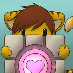 ambiguous_gender chibi ear_piercing ear_ring looking_at_viewer piercing ring_piercing solo mytigertail portal_(series) valve valve_corporation gabe_(mytigertail) weighted_companion_cube felid mammal pantherine tiger 1:1 2014 signature