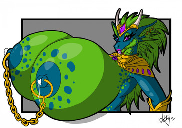 anthro areola big_areola big_breasts big_nipples blue_body bodily_fluids border breasts clothed clothing ear_piercing ear_ring female green_areola green_body green_hair green_nipples grey_background hair huge_breasts hyper hyper_breasts lactating long_hair looking_at_viewer nipple_chain nipple_piercing nipples piercing purple_eyes purple_tongue ring_piercing simple_background solo tongue tongue_out topless topless_anthro topless_female white_border dathgar mythology dragon mythological_creature mythological_scalie scalie 2025 digital_drawing_(artwork) digital_media_(artwork) english_description hi_res