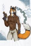 5_fingers anthro bottomwear clothed clothing dieselpunk fingers gear gun handgun jacket male muscular muscular_anthro muscular_male pants pistol ranged_weapon smile smirk smoke solo topwear weapon drakon_vectarus canid canine mammal maned_wolf 2013 hi_res