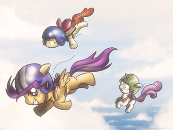 accessory armor backpack bow_(feature) bow_accessory bow_ribbon cloud eyes_closed feathered_wings feathers female feral green_eyes group hair hair_accessory hair_bow hair_ribbon headgear helmet horn orange_body orange_feathers outside parachute purple_eyes purple_hair quadruped red_hair ribbons scared simple_background sky skydiving skyscape smile tail wings young young_feral fongsaunder friendship_is_magic hasbro my_little_pony mythology apple_bloom_(mlp) cutie_mark_crusaders_(mlp) scootaloo_(mlp) sweetie_belle_(mlp) earth_pony equid equine horse mammal mythological_creature mythological_equine pegasus pony unicorn 2011 4:3