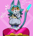 anthro blue_body blue_fur blush bodysuit breasts clothed clothing cybernetic_limb cybernetics female floating_hands fur glowing heart_box heart_symbol holidays light_bulb machine raised_tail robotic_hand scar skinsuit solo tail tight_clothing yellow_eyes diamond_grenadier deltarune undertale_(series) valentine's_day veta_the_cyborg_cat cyborg domestic_cat felid feline felis mammal