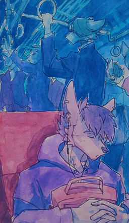 ambiguous_gender anthro cheek_tuft clothed clothing ear_piercing ear_ring eyes_closed facial_tuft front_view group hair inside male piercing public purple_clothing purple_hair purple_topwear ring_piercing sleeping topwear tuft unsigned akatan_art canid canine canis mammal wolf hi_res restricted_palette traditional_media_(artwork)
