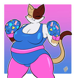 aerobics anthro belly big_belly big_breasts boxing_gloves breasts clothing cute_fangs eyes_closed fangs female handwear overweight overweight_anthro overweight_female simple_background slightly_chubby solo teeth workout_clothing the_k9_empire vulpinecrew calico_cat domestic_cat felid feline felis mammal absurd_res hi_res watermark