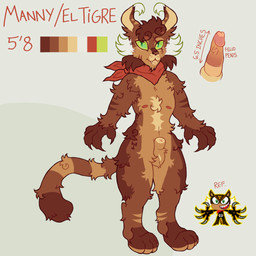 animal_genitalia anthro claws ear_tuft fangs feline_genitalia fluffy genitals green_eyes hankerchief long_tail male neck_tuft penis scar sheath solo stripes tail teeth tuft theredlace el_tigre nickelodeon manny_rivera felid mammal pantherine tiger 1:1 hi_res model_sheet reference_image