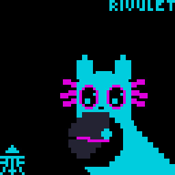 ambiguous_gender black_background blue_body feral frilly gills glistening glistening_eyes holding_object looking_at_object o_o simple_background small_mouth solo standing symbol tail text tiena rain_world videocult rivulet_(rain_world) slugcat 1:1 digital_media_(artwork) low_res pixel_(artwork) restricted_palette