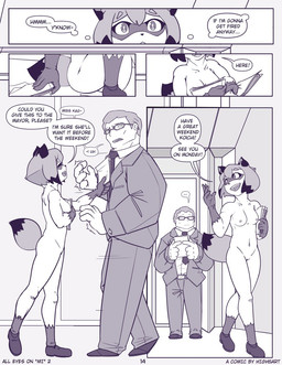 5_fingers accessory anthro blush blush_lines breasts business business_attire business_suit businesswear caught claws clothing confident confident_anthro confident_female dialogue dipstick_tail duo exhibitionism eyewear female finger_claws fingers footwear footwear_only genitals glasses gloves_(marking) hair hallway inner_thoughts larger_male leg_markings male male/female markings mostly_nude navel necktie nipples nude office only_one_nude open_mouth paper paperwork public public_nudity shoes shoes_on shoes_only short_hair size_difference small_breasts socks_(marking) suit tail tail_markings text vulva wearing_glasses high5art brand_new_animal studio_trigger michiru_kagemori canid canine human mammal raccoon_dog tanuki comic english_text hi_res