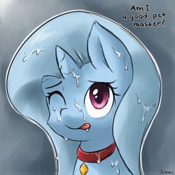 bdsm blue_body blue_fur bodily_fluids collar cum cum_in_hair cum_on_face dialogue female feral fur genital_fluids hair horn master one_eye_closed ownership petplay purple_eyes roleplay solo text tongue marblesoda friendship_is_magic hasbro my_little_pony mythology trixie_(mlp) equid equine mammal mythological_creature mythological_equine unicorn 1:1 2014 digital_media_(artwork) english_text hi_res