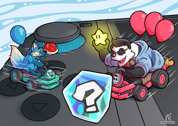 anthro balloon bodily_fluids driving duo eyewear fluffy fluffy_tail glasses inflatable kart male male/male paws question_mark shell star tail tears vehicle chemicalkirin mario_bros mario_kart nintendo nintendo_switch bear canid canine fox giant_panda mammal