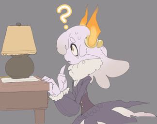 clothed clothing female grey_background humanoid_pointy_ears lamp pointy_ears question_mark simple_background solo victorian weeeeps elemental_creature elemental_humanoid ghost humanoid spirit wax_creature