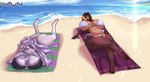 anthro beach beach_towel belly big_breasts big_butt bikini bikini_bottom bikini_top blonde_hair blue_eyes breasts brown_body brown_fur brown_hair brown_nose brown_skin butt clothing countershade_breasts countershade_face countershade_legs countershade_torso countershading crossed_legs duo eyelashes eyeliner female fur hair huge_breasts legs_in_air lips long_hair looking_at_viewer lying lying_on_breasts makeup multicolored_hair nails navel o-ring_bikini o-ring_bikini_top on_back on_front open_mouth pink_eyes pink_hair purple_body purple_skin ruffled_bikini sand sea short_tail sky sun swimwear tail tan_body tan_fur tan_skin towel translucent translucent_clothing two-piece_swimsuit two_tone_hair voluptuous_female water wave wide_hips nsfowork toufucoo mythology naelah_(nsfowork) bear brown_bear dragon grizzly_bear mammal mythological_creature mythological_scalie scalie ursine hi_res