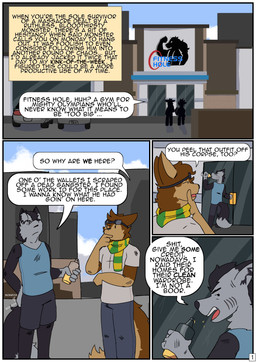 alcohol anthro beverage black_body black_fur bottomwear brown_body brown_fur car clothing cloud denim denim_bottomwear denim_clothing dialogue dipstick_tail drinking drunk duo facial_scar flight_goggles fur grey_body grey_fur gym hand_under_chin jeans looking_at_another looking_back looking_up male markings narration outside page_number pants scar scarf scratching_butt shirt shorts sign speech_bubble spitting substance_intoxication t-shirt tail tail_markings tank_top tequila text text_box topwear vehicle ferrx strays_in_paradise dark_matter_(li'l_melon) li'l_melon ambiguous_species canid canine canis mammal wolf absurd_res comic english_text hi_res