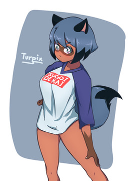 anthro black_hair blue_body blue_eyes blue_hair blush bottomless breasts brown_body brown_fur clothed clothing facial_markings female fluffy fluffy_tail fur gloves_(marking) grey_background hair hand_on_hip hand_on_leg head_markings looking_at_viewer markings mask_(marking) multicolored_body multicolored_fur multicolored_hair oversized_clothing oversized_shirt oversized_topwear shirt shirt_only simple_background solo tail text text_on_clothing text_on_shirt text_on_topwear topwear topwear_only turpix brand_new_animal studio_trigger sugoi_dekai uzaki-chan_wa_asobitai! michiru_kagemori canid canine mammal raccoon_dog tanuki 2020 absurd_res hi_res portrait signature three-quarter_portrait