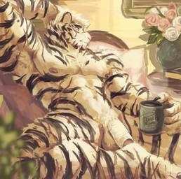 abs anthro balls blue_eyes container cup detailed_background flaccid flower foreskin fur furniture genitals humanoid_genitalia humanoid_penis inside male muscular muscular_anthro muscular_male nipples nude painterly pecs penis pillow plant scar sofa solo striped_body stripes vase white_body white_fur plainprisms arknights hypergryph studio_montagne mountain_(arknights) felid mammal pantherine tiger absurd_res digital_media_(artwork) hi_res